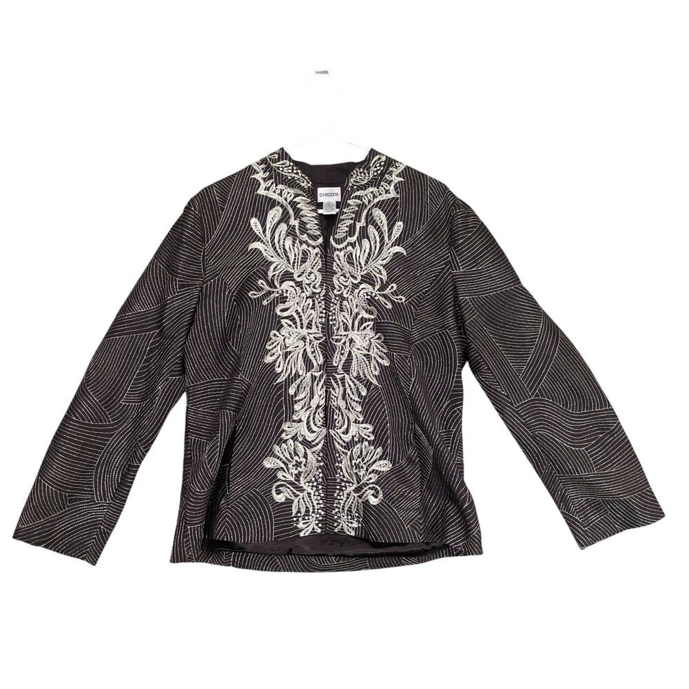 Chico's Metallic Gold Embroidered Artsy Jacket Top,‎ Sz 2 Women's L 12 Glam Chic